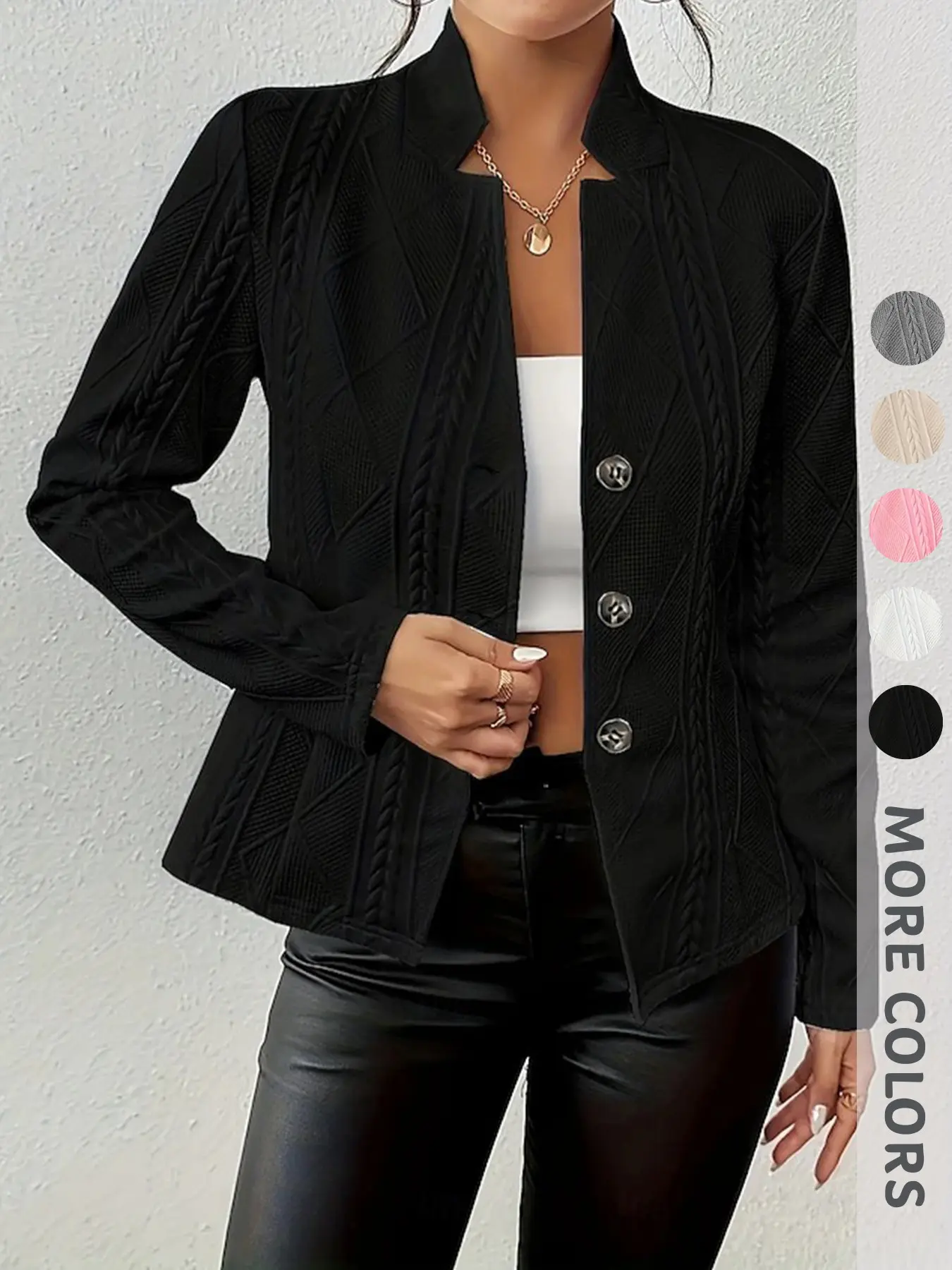 Women's Spring & Fall Long Sleeve Coat, Textured Knit Buttoned Basic Casual Blazer Jacket, Elegant Slim-Fitting Stand Collar Outerwear Knitwear, Fashion Knitwear, Collared Knit Clothing