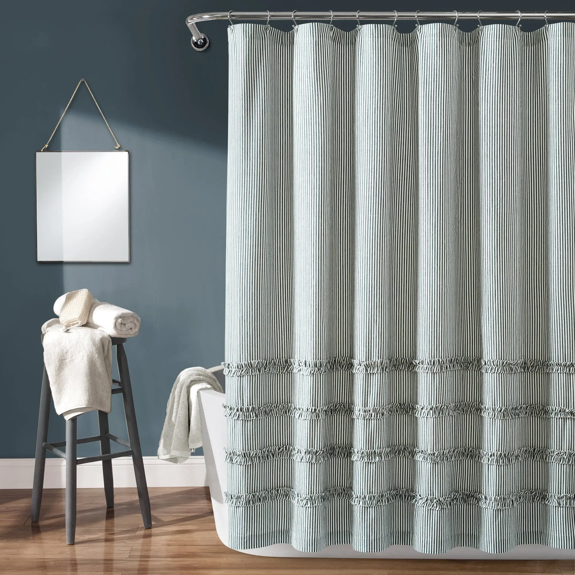 Lush Decor Cotton Vintage Stripe Yarn Dyed Shower Curtain - Farmhouse Print Boho Bathroom Curtain, Minimalist Design, Privacy Opacity, Home Decor for Bathtub Use, Boho Shower Curtains For Bathroom