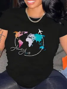 100% Cotton Women's World Map & Airplane Graphic Print T-Shirt - Colorful Travel Design Short Sleeve Crew Neck Top, Medium Stretch Casual Spring Summer Tee, Machine Washable, Summer Outfit, Nontransparent Fabric, Vacation Outfit,