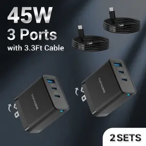 2-Pack 45W Super Fast Charging USB-C Wall Charger Block with 2-Pack USB-C Cable for iPhone 17 Air /16/15，Foldable Plug, Samsung Galaxy Series - Black Set