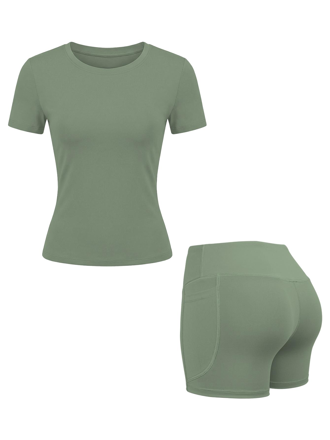 New Women's Two-Piece Set, High-End Solid Color T-Shirt and High-Waist Fitted Shorts Activewear Set, Leisure Breathable Quick-Drying Set, Suitable for Yoga and Gym Wear, Women's Summer Sports Outfit, Athletic Wear, Fitness and Running Clothing