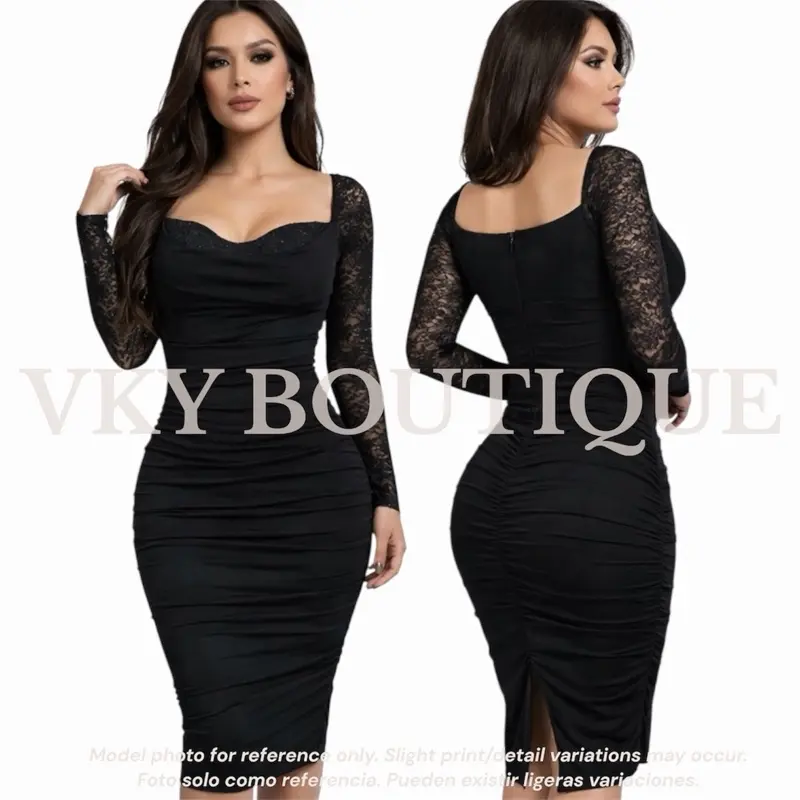 Ruched Lace Sleeve Midi Dress LY