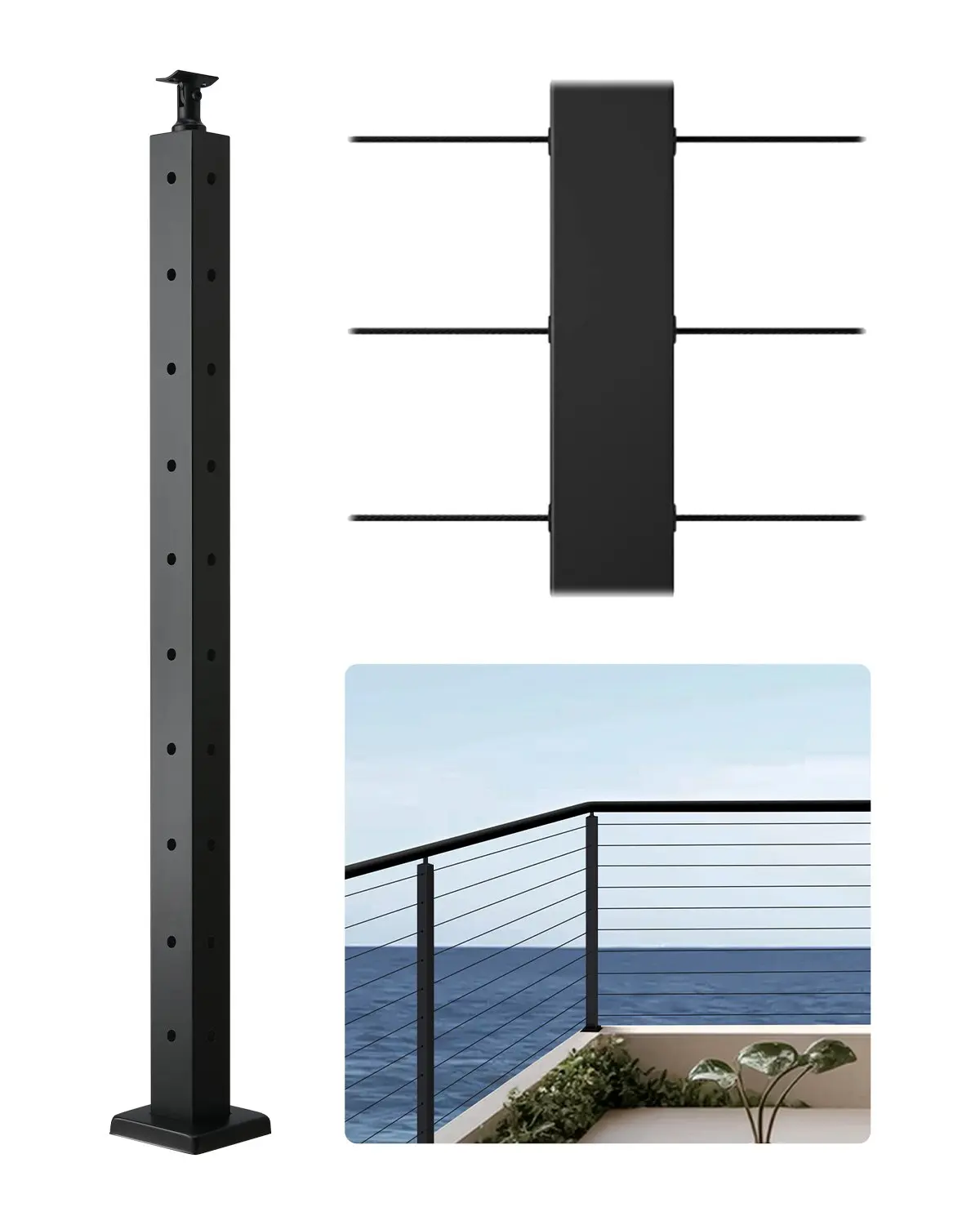 1-Pack 36x2x2 in SUS304 Black Stainless Steel Corner Cable Railing Post, L-Shaped Pre-Drilled Holes, Horizontal Curved Bracket, Up to 4 ft Compatibility