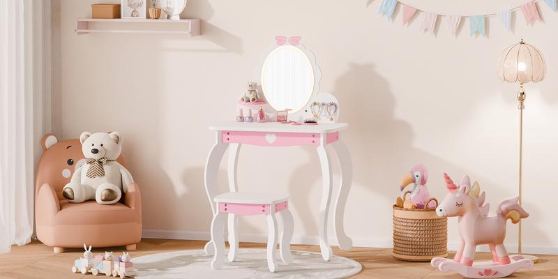 Topwin Kids Vanity Set, Kids Make up Vanity with Lighted Mirror and Stools, Princess Dressing Table for Toddler, Little Girl, Pink