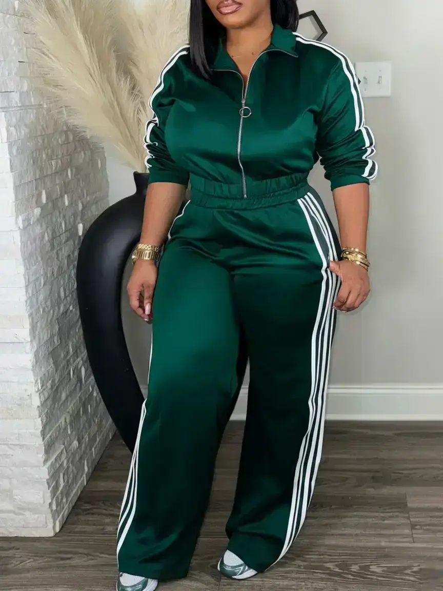 Women's Casual Striped Patchwork Set, Zipper Stand Collar Top + High Waist Loose Pants, Slimming Design, Two-Piece for Daily Wear,Airport Outfit, Clothes