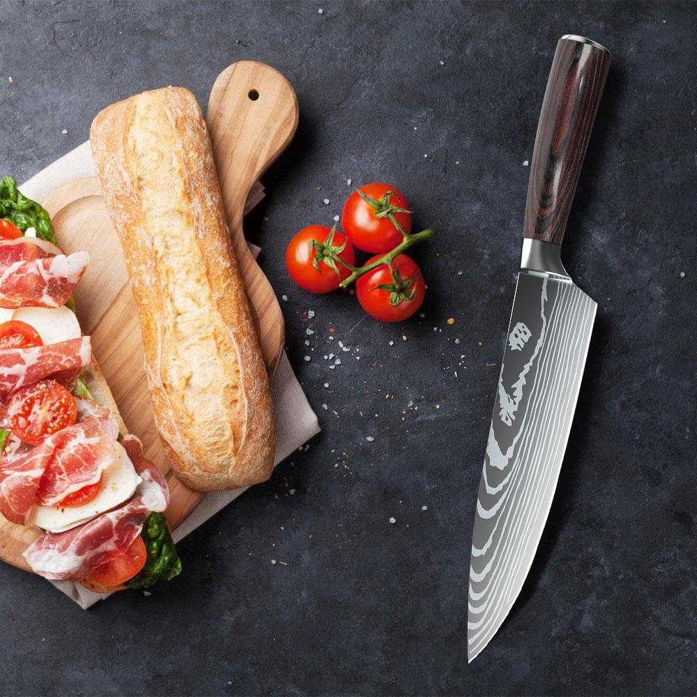 Japanese Chef Knife - 8 Inch Sharp Damascus Style Stainless Steel Pro Kitchen Knife, Ideal for Slicing and Cooking