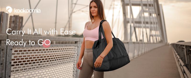 KooKoomia Travel Bag with Shoe Compartment USB Charging Port, Yoga Mat Pocket, Trolley Sleeve, Carry on Overnight Hospital Duffel Weekender Bag,Gym Bag  for Women, Black