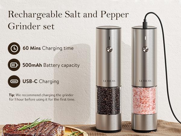 Ultrean Electric Salt & Pepper Grinder Sets, 2pcs Rechargeable, Adjustable, Modern Stainless Steel Construction, Seasoning Auto Dust Lids, LED one-hand operation Kitchen Utensils