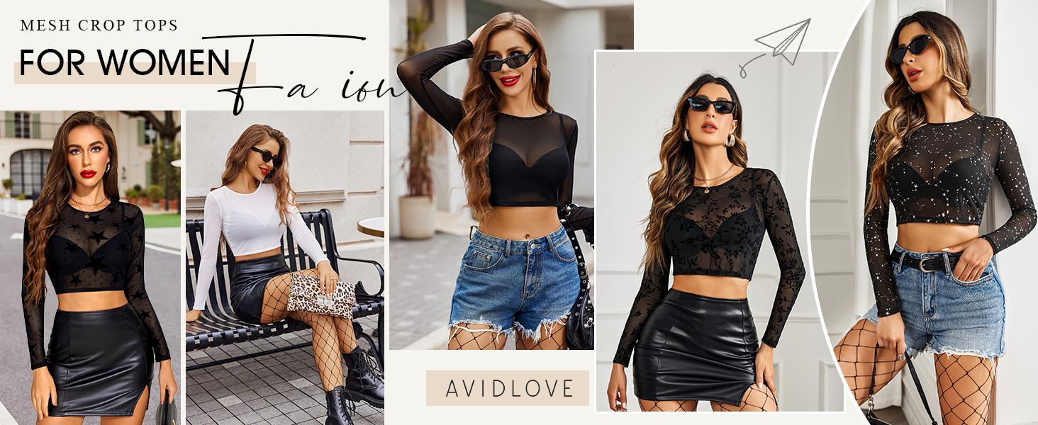 Avidlove Women Mesh Crop Top Long Sleeve See Through Shirt Sheer Blouse O Neck Clubwear S-4XL Avidlove Women Mesh Crop Top Long Sleeve See Through Shirt Sheer Blouse O Neck Clubwear S-4XL