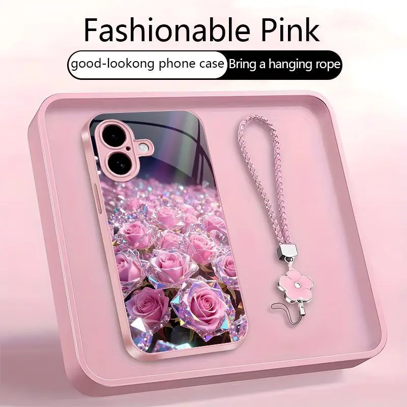 Suitable for [iPhone 16 Plus], a premium women’s phone case 🤩, featuring a beautiful four-leaf clover lanyard 🍀. A free four-leaf clover lanyard is also included. Optical Illusion Crystal Rose Art Phone Case 952 952