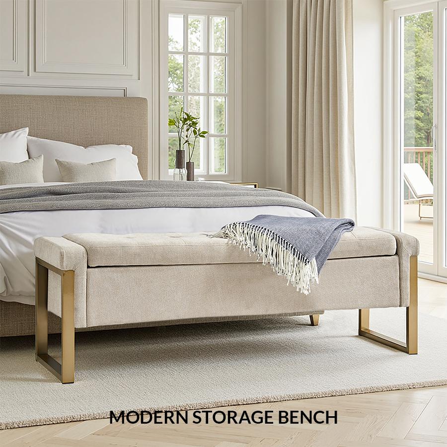 Hulala Flora Modern Upholstered Flip Top Storage Bench, button tufted top, sturdy metal frame, gunmetal finish, sufficient storage space, flip-top mechanism, end-of-bed bench, for living room, bedroom and entryway