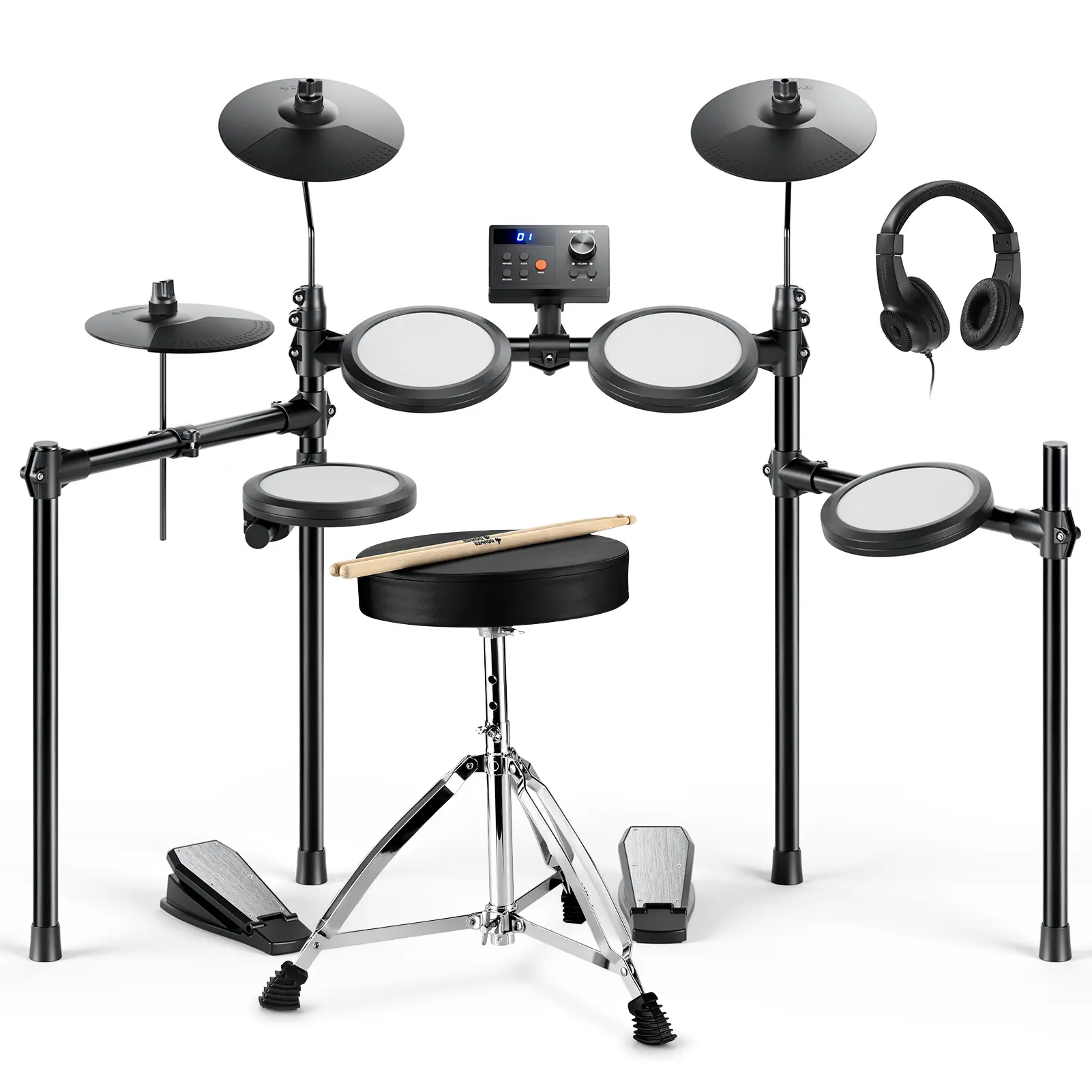 Donner DED-70 Electric Drum Set for Children Aged 6-14, Electric Drums with 4 Quiet Mesh Drum Pads, 2 Switch Pedal, Portable and Solid Drum Set with Type-C Charging, 68+ Sounds, Throne, Headphones, Sticks, Melodics Lessons