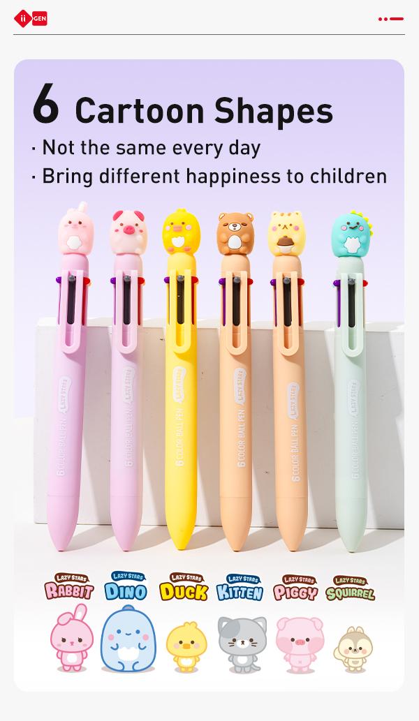 iiGEN LazyStars Animal Multicolor Pens Set of 6 QUIET Slide 0.7mm NO BREAK FAST DRY Rabbit Duck Bear Dino Piggie & Squirrel for Students Kids Gifts - Essential gifts for Valentine's Day, Easter baskets, and birthday parties