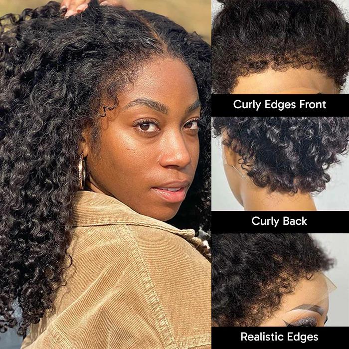 Pizazz Hair 4C Curly Edges Hidden Strap 360 Curly Lace Front Human Hair Wig Pre Bleached Knots with Curly Baby Hair All Around