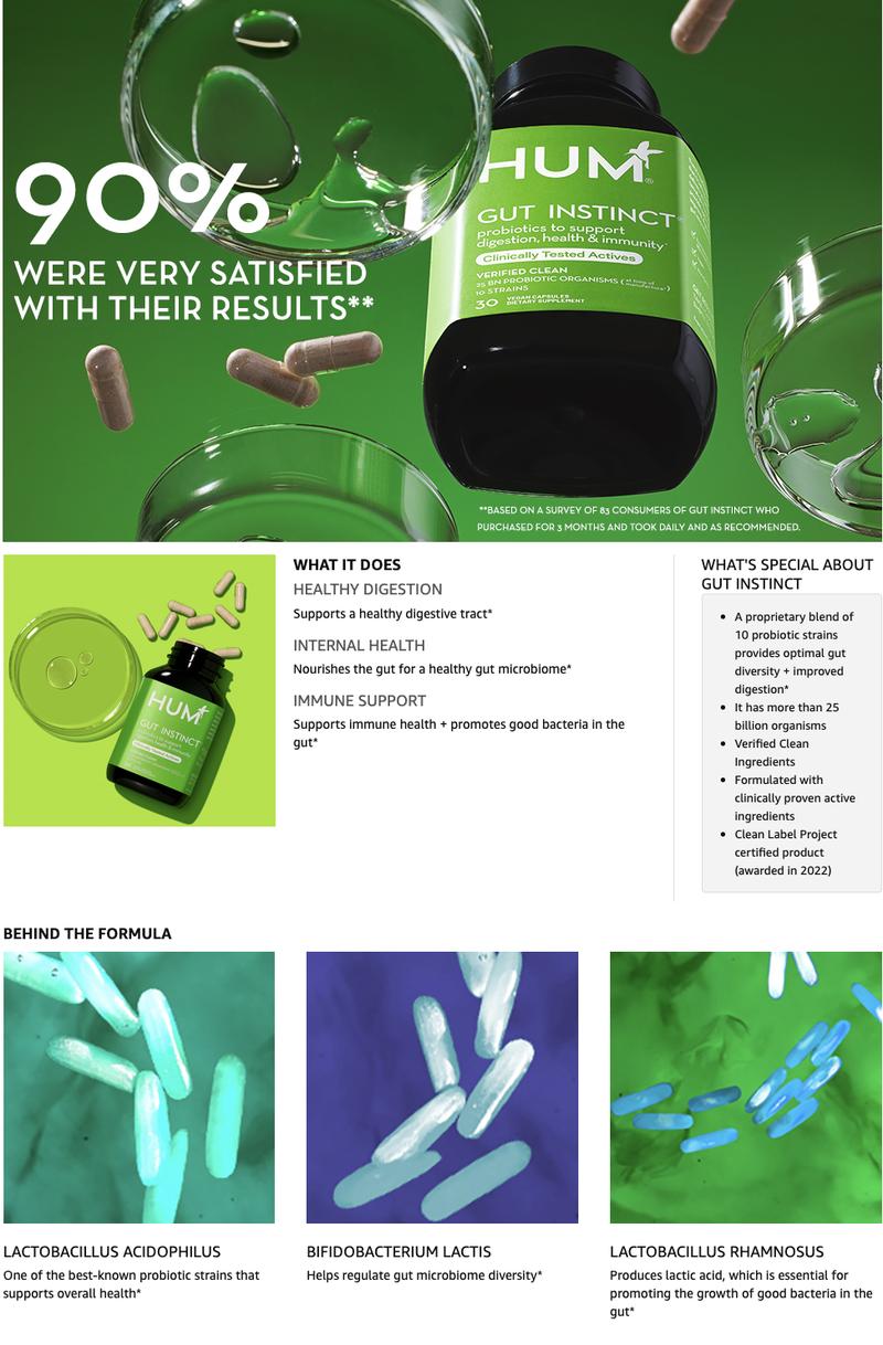 HUM Gut Instinct (30-Day Supply) - Daily Probiotics for Digestive Health for Women and Men - Lactobacillus + Bifidobacterium Strains for Bloating, Immune Support + Healthy Gut Diversity