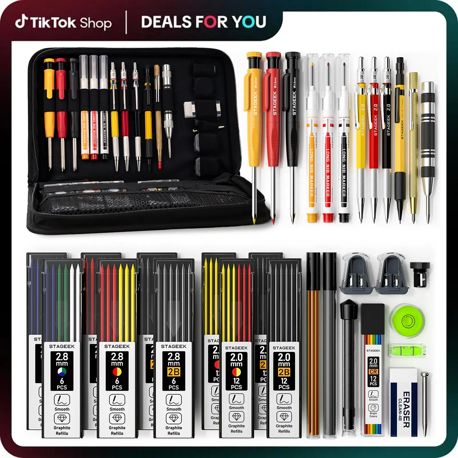 STAGEEK Carpenter Pencil Tool Kit - 34 Graphite Pencils, 104 Refills, Sharpener, Carbide Scribe, Center Punch Marker Pen, Heavy Duty for Architecture Woodworking, Art Supplies with Canvas Case, Hard-To-Reach Surfaces