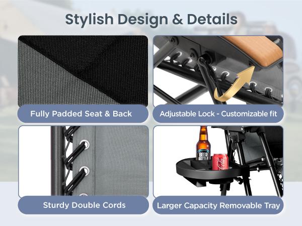 PHI VILLA  Oversized Padded Zero Gravity Chair, 26''/28''/30" Wide Foldable Patio Recliner, Anti Gravity Lounger with Cup Holder, 400 LBS Weight Capacity