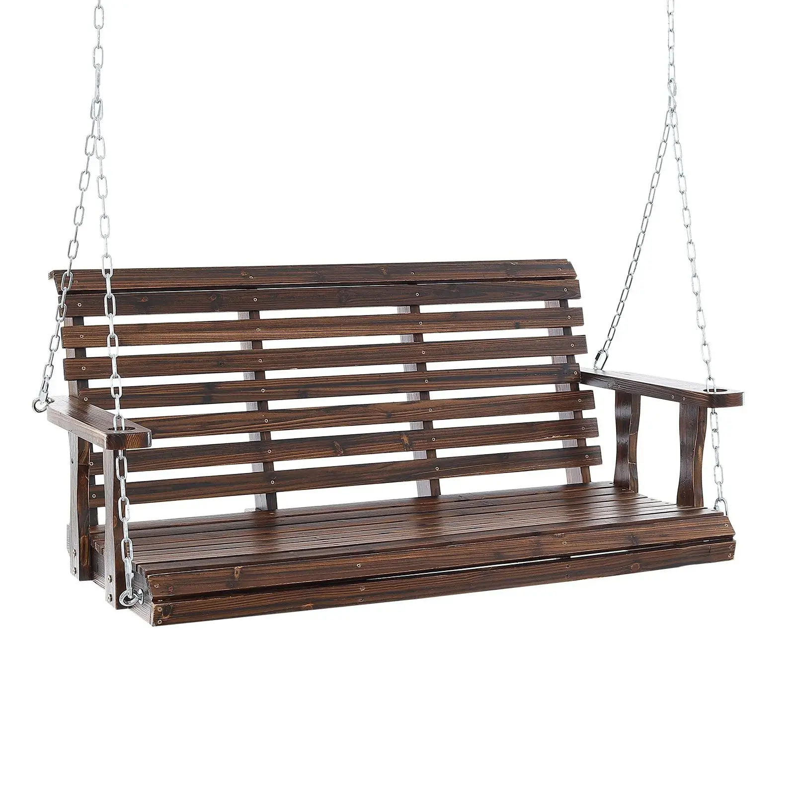 Heavy Duty Wood Frame Outdoor Porch Swing Bench, 4.5-5.5 FT, 880 LBS Load Capacity, Galvanized Steel Hanging Chains, 3-Layer PU Weatherproof Finish, Ergonomic Reclined Backrest for Garden, Courtyard