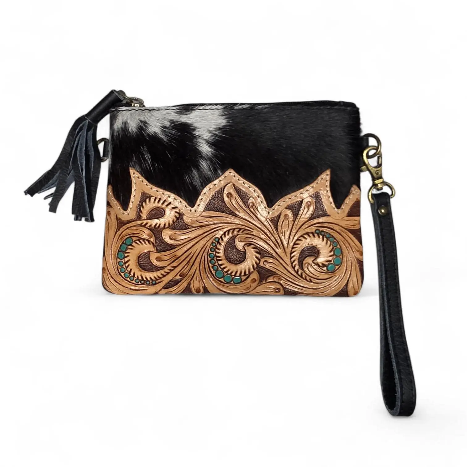 The Western Grace Wristlet & Crossbody | Tooled Leather Cowhide Convertible Bag