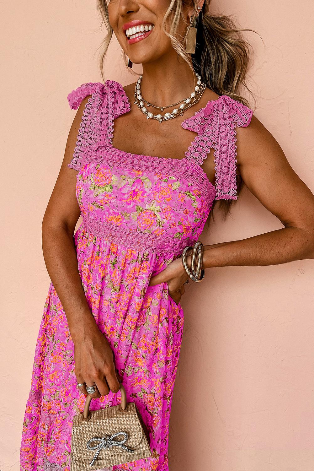 Mntaor Women's Floral Print Lace Tie Strap Dress Empire Waist Elegant Sleeveless Square Neck Maxi Dress for Casual Women - Womenswear