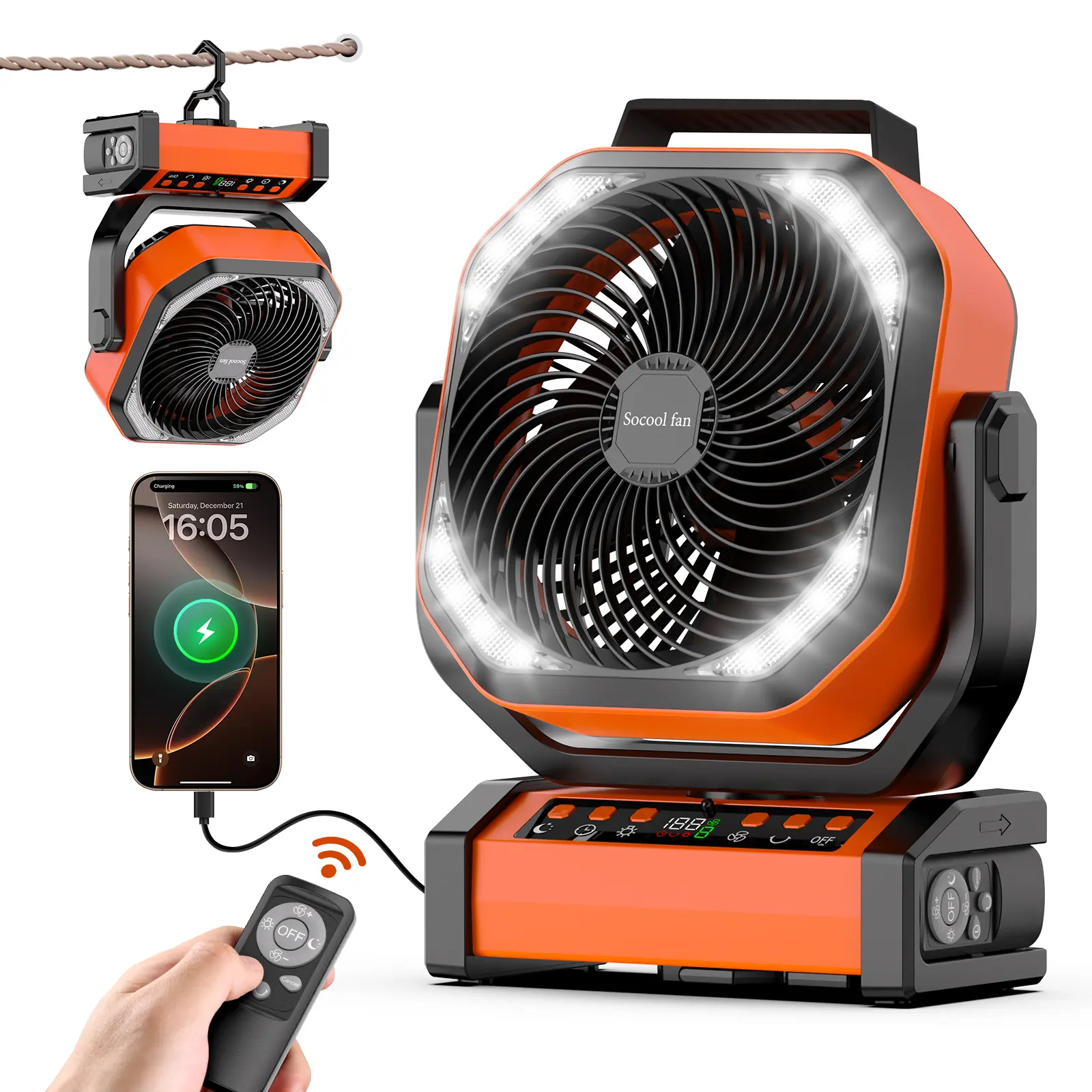 Socool 20000mAh Cooling Fan Portable - Cordless Rechargeable USB & Mobile Fan with Light, Remote, 112Hrs Runtime, 9 Speeds, Digital Display, Timer, Auto Oscillation, 270° Pivot, Hook for Outdoor Tent, Power Outage (Outdoor Gadgets, Portable Gadgets)