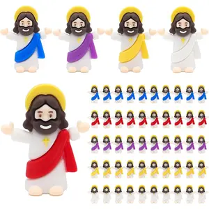 10-50 Pcs Mini Jesus Figurines Bulk - Classic Soft Rubber Jesus with Halo & Cross - Catholic Christian Toys for Easter Egg Fillers, Sunday School Prizes & Church Favors (Random Colors)