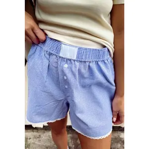 Sky Blue Gingham Plaid Button Detail Lace Trim Boxer Shorts