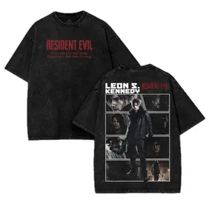 Resident Evil Requiem - Leon S Kennedy RE9 horror Game Washed Tshirt 2 Sided Cotton unisex graphic tees game anime manga movie Menswear Casual gamer merch t-shirt Clothes Top