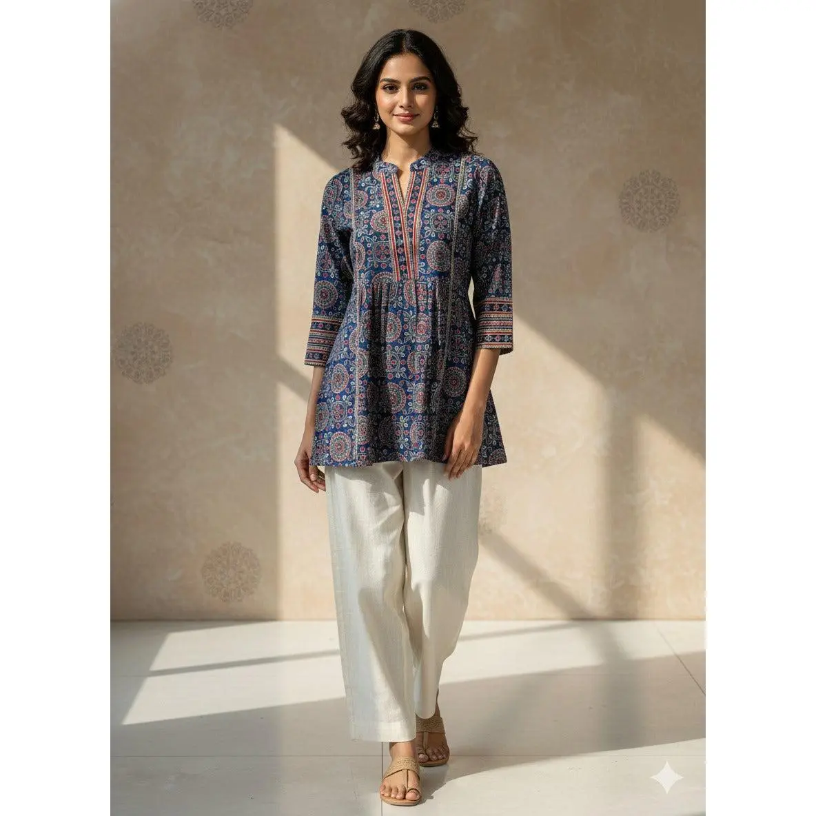 Indigo Blue Ajrakh Print Cotton Peplum Kurti