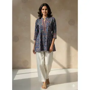 Indigo Blue Ajrakh Print Cotton Peplum Kurti