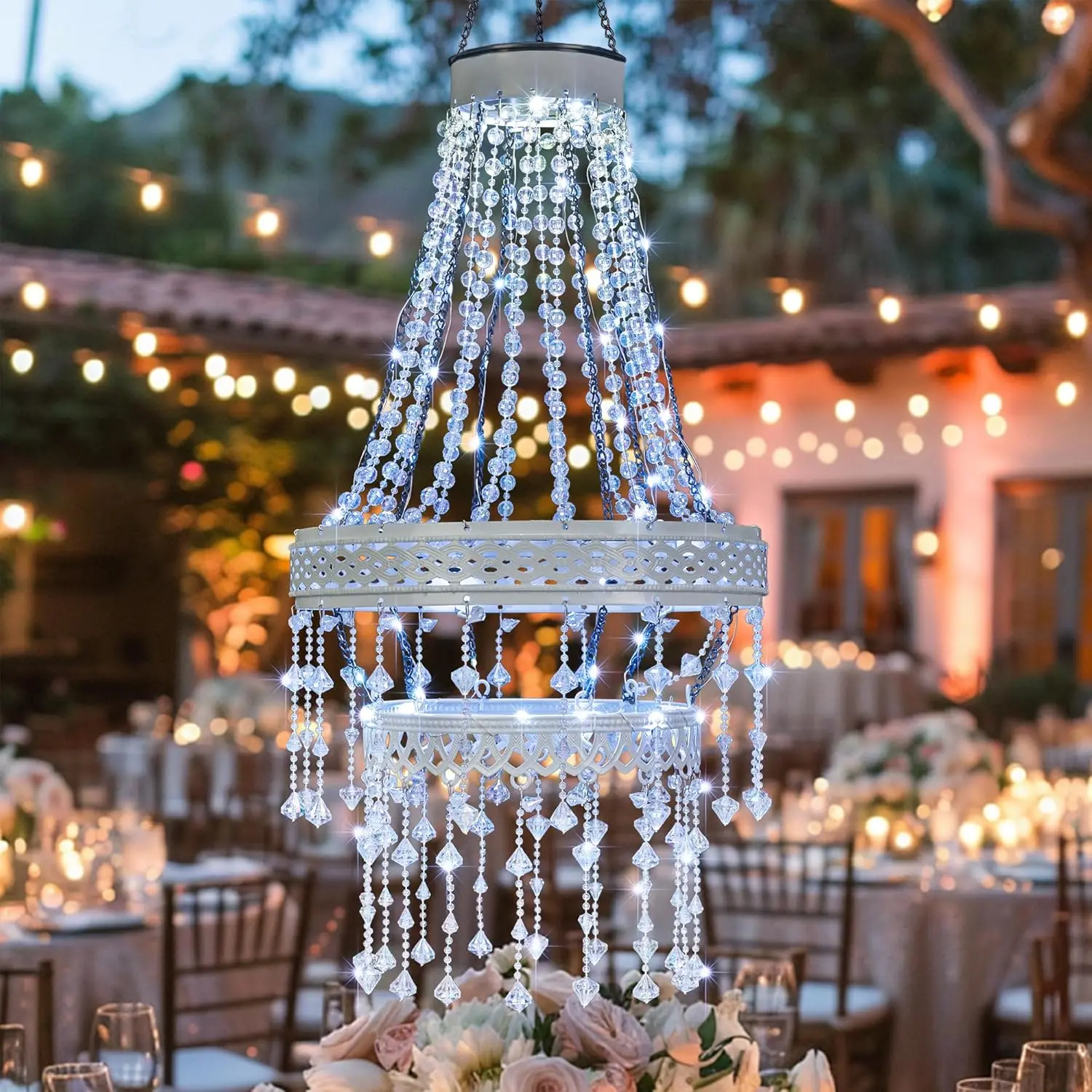 Solar-Powered Hanging Lantern with Crystal Beads, Waterproof Modern Acrylic Pendant Light with LED S-Hook, Metal Frame & Glass, Outdoor Gazebo Lighting, Women's Home Improvement Gift (Batteries Included)