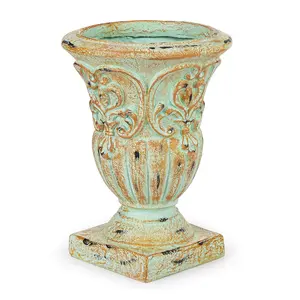 Sungmor Vintage Resin Trophy Planter, 13 Inch Embossed Design Garden Urn with Drainage Hole, Decorative Plant Pot Indoor Outdoor Plant Container, Shabby Chic Flower Vase Home Decor