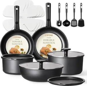 CAROTE 19Pcs Pots and Pans Set Non Stick, Cookware Set Detachable Handle, Nonstick Induction Kitchen Sets Non Stick with Removable Handle, RV Cook Ware, Oven Safe, Black
