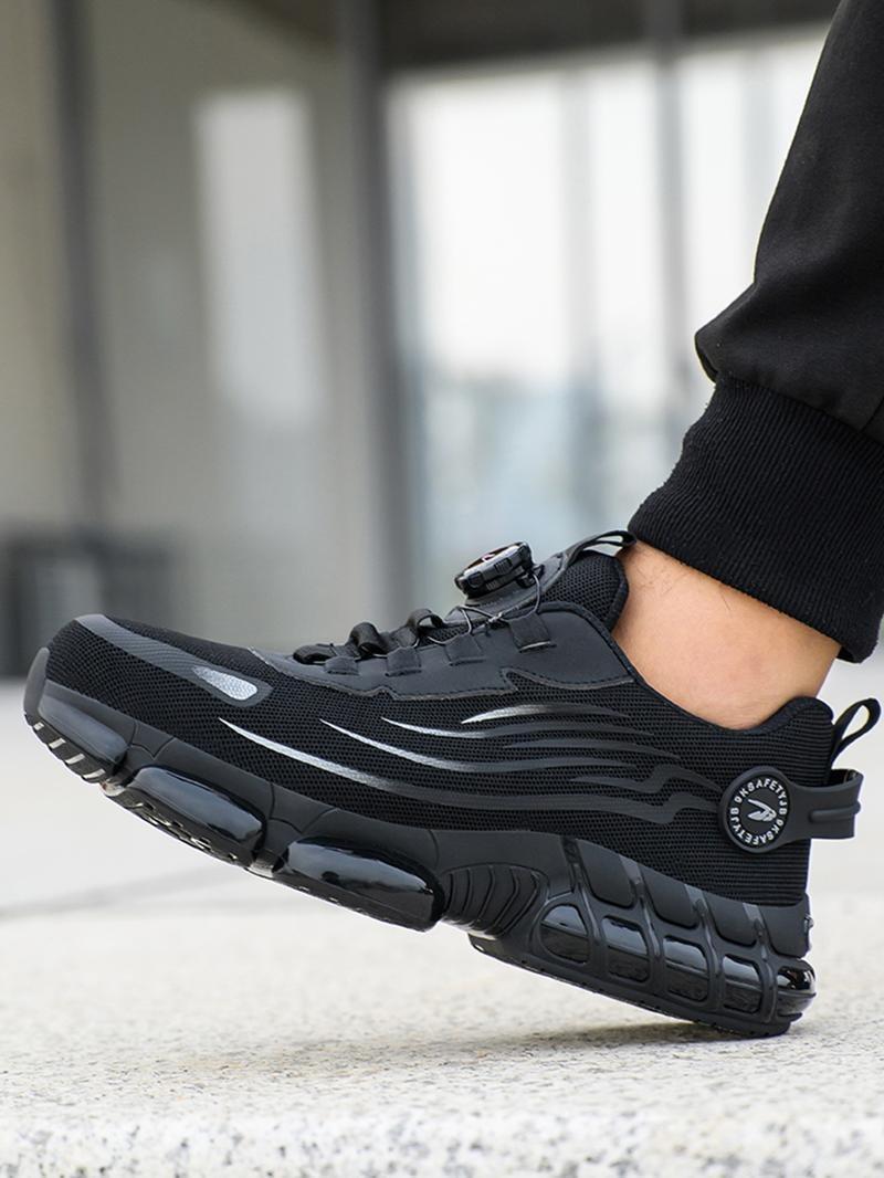 Men's Grey Steel Toe Safety Shoes Puncture Proof Smash Proof Magnetic Closure Breathable Mesh Anti-Slip Sole Striped Pattern Outdoor Work Footwear