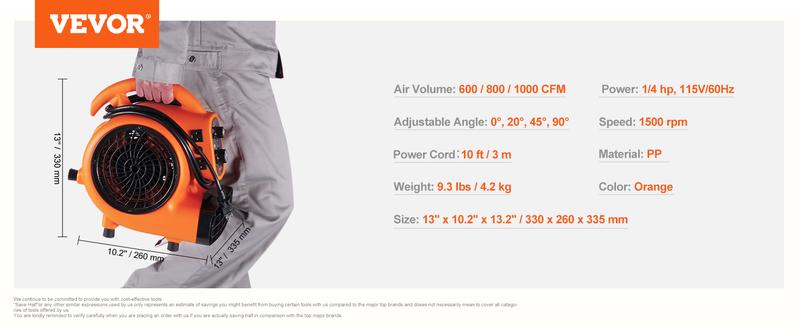 VEVOR Floor Blower, TikTokShopBlackFriday, 1/4 HP, 1000 CFM Air Mover for Drying and Cooling, Portable Carpet Dryer Fan with 4 Blowing Angles and Time Function, for Janitorial, Home, Commercial, Industrail Use, ETL Listed VEVOR Floor Blower, TikTokShopBlackFriday, 1/4 HP, 1000 CFM Air Mover for Drying and Cooling, Portable Carpet Dryer Fan with 4 Blowing Angles and Time Function, for Janitorial, Home, Commercial, Industrail Use, ETL Listed