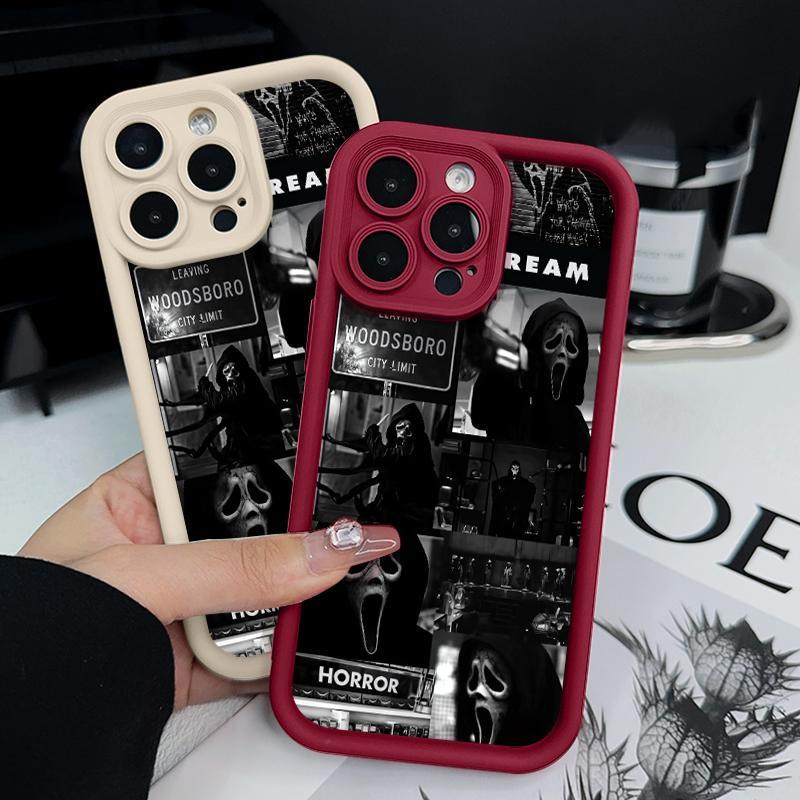 Ghostface's Realm pattern phone case, compatible with iPhone 17 Pro Max, 16 Pro Max, 15 Pro, 14, 13, 12, and 11.  Shockproof and drop-resistant phone case made of durable silicone material.