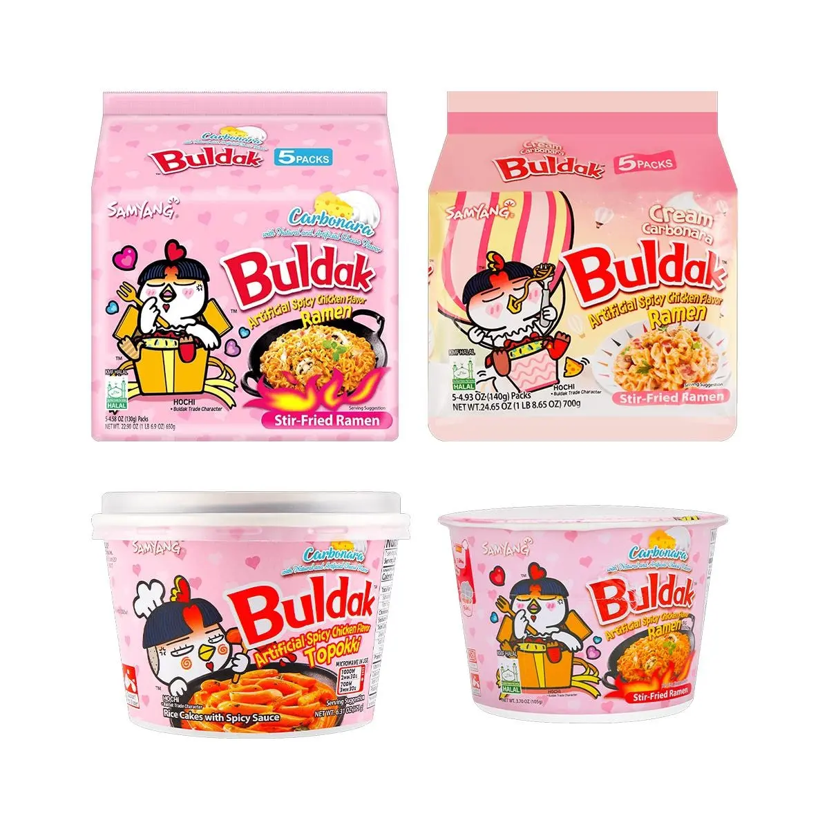 Samyang Buldak Ramen & Tteokbokki Combo - Double Creamy Cheese & Creamy Cheese Flavors (10 Packs + 2 Bowls) - Spicy Korean Noodles & Rice Cakes - 1634g Value Pack