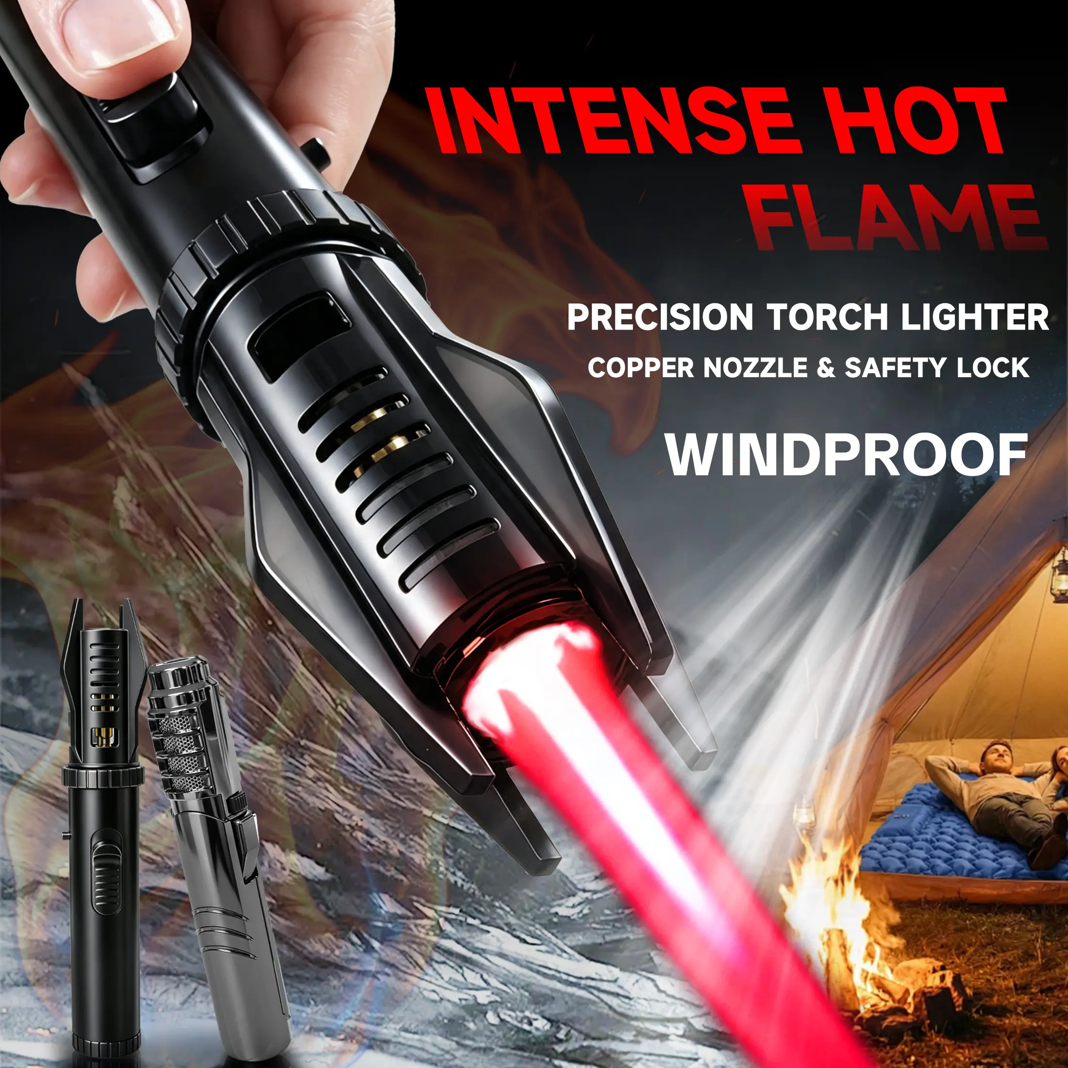 Portable Windproof Torch Lighter (No Butane )with Adjustable High-Temperature Jet Flame, Safety Lock, Cooling Air Intake & Precision Flame Control for Outdoor Cooking, Camping, BBQ, Fireplace & DIY Projects
