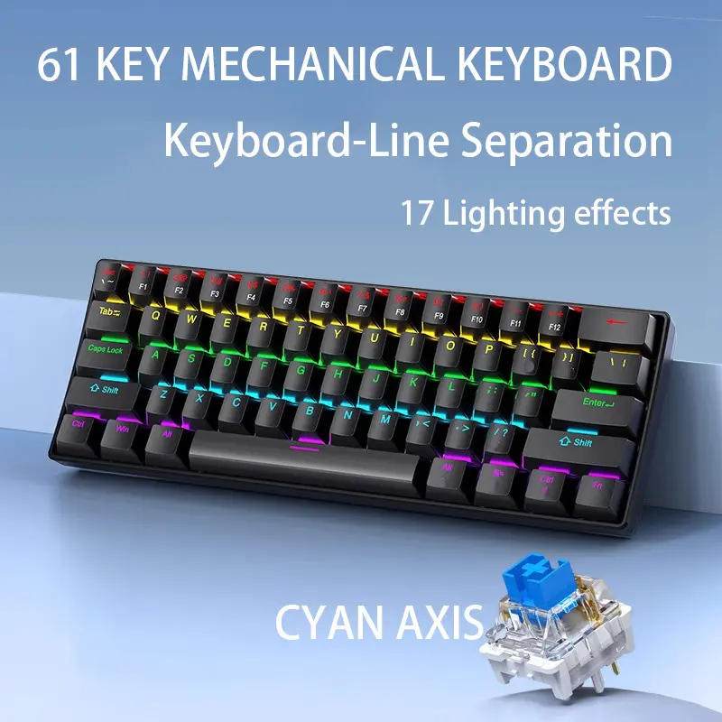 61-Key Hot-Swappable Mechanical Keyboard, Black Color - Blue Switch