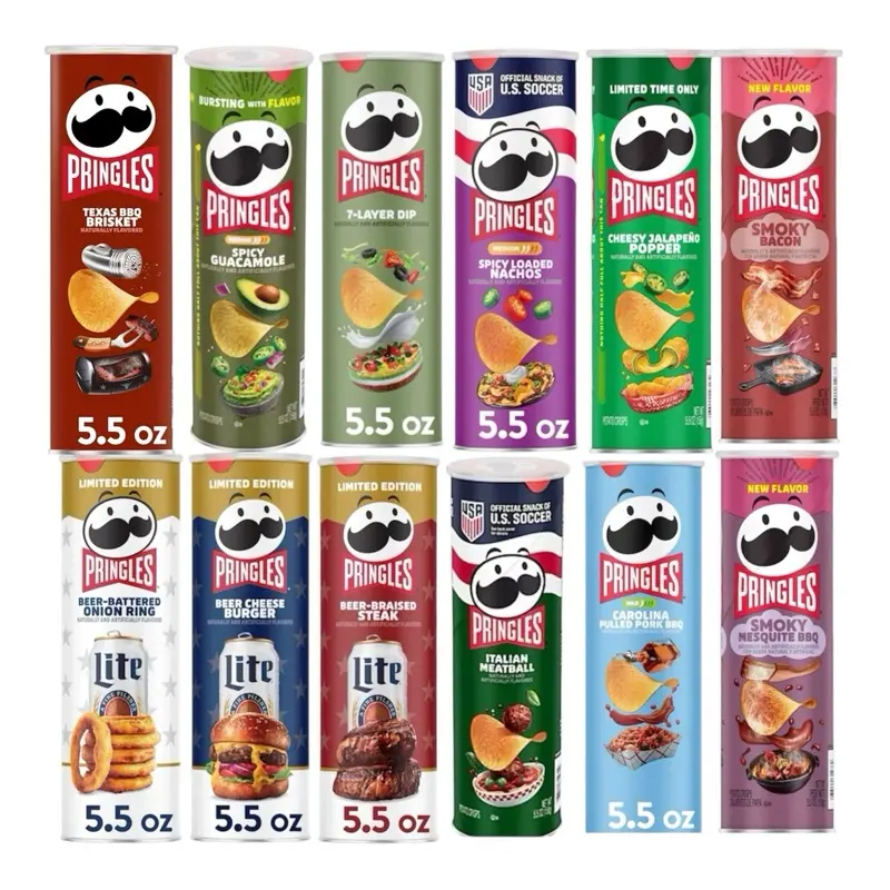 Pringles Variety Pack Snack Chips Family Bundle - 12 Cans Assortment of Brisket, Guacamole, 7 Layer Dip, Nacho, Jalapeños Popper, Bacon, Miller Lite, Meatball, Pull Pork, BBQ Flavors | Food & Snacks