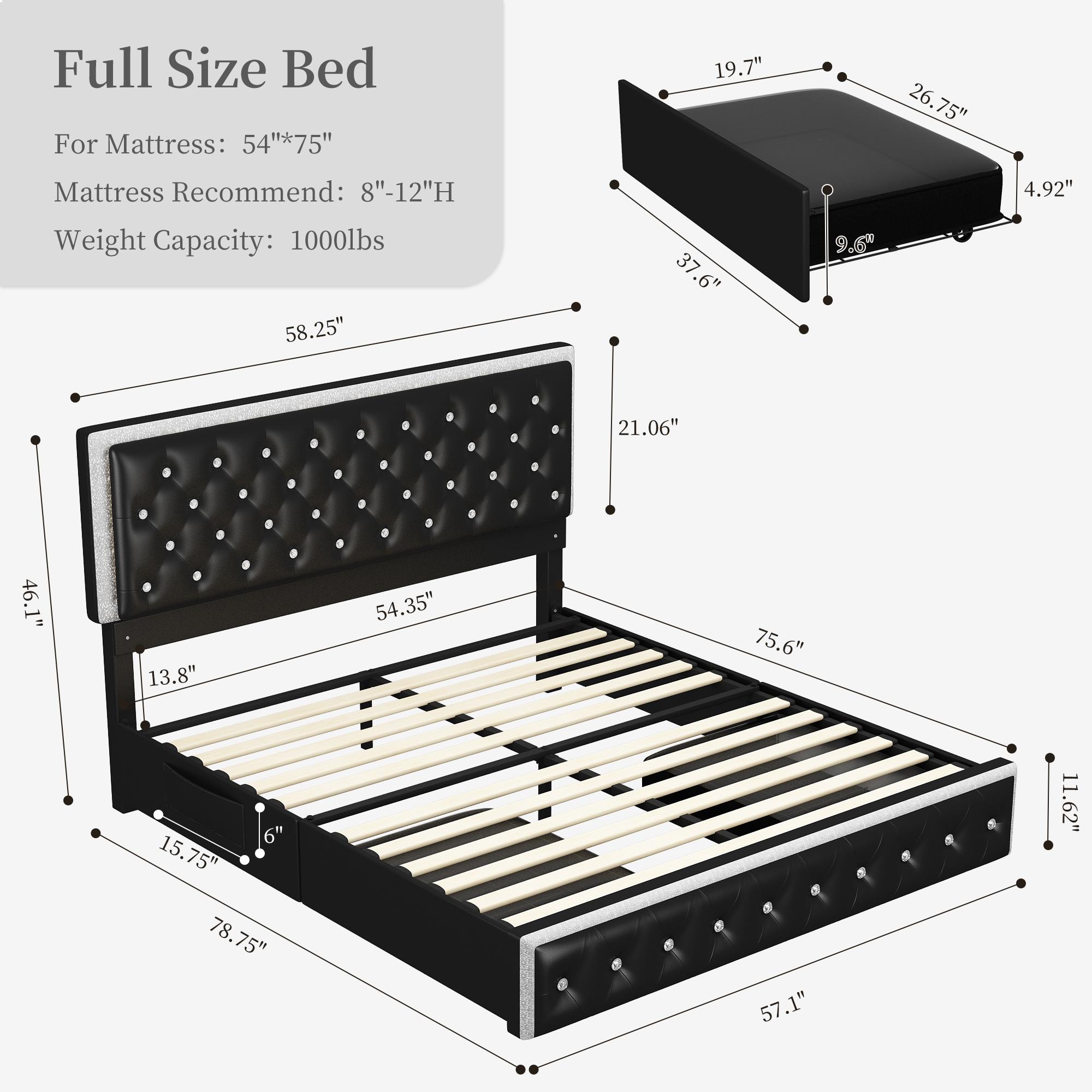 Sibeds Full LED Galaxy Bed Frame Set, Modern Smart Upholstered Platform Bed with Storage Drawers, Crystal Button Tufted Headboard, Solid Slat Support, Noise-Free, No Box Spring Needed, PU & Velvet, Black/White/Gray/Beige