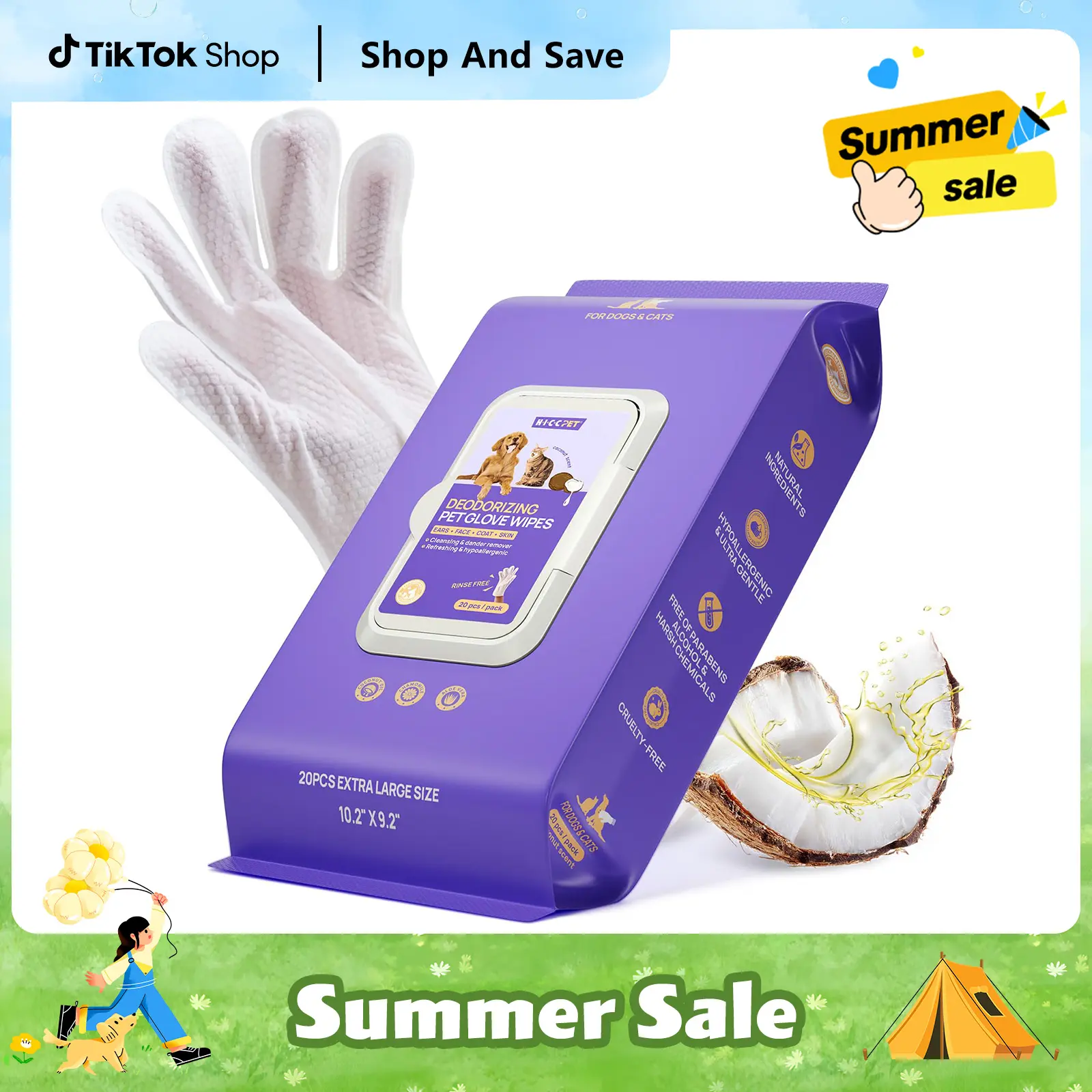 【Summer Sale】HICC PET Disposable Dog Grooming Wipes (20pcs) - Natural, Hypoallergenic, No-Rinse Mess-Free Grooming Wipes with Fermented Oils for Hair Removal, Sticky Hair Control, Deodorizing, Skin Moisture, Paw Care, Outdoor Use