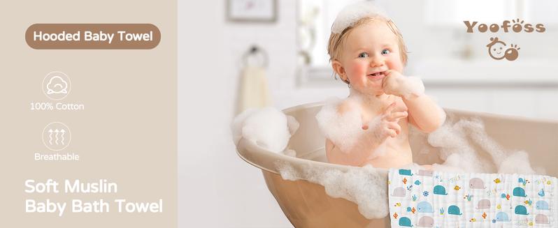 Yoofoss Baby Towels for Newborn 100% Muslin Organic Cotton Baby Bath Towel for Babies, Infant, Toddler and Kids, Large 32x32Inch, Soft and Absorbent Newborn Essential