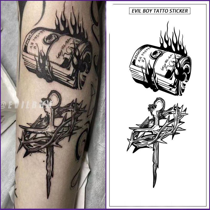 4 pieces USD thorn cross temporary tattoo stickers, can be applied to arms and thighs, lasts 7-15 days, waterproof, and not easy to fall off