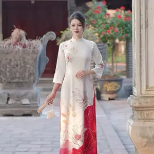 Set Traditional Vietnamese Red White Flowers Ao Dai Cach Tan - Bộ áo dài in 3D cách tân - Ready to ship - Square neck
