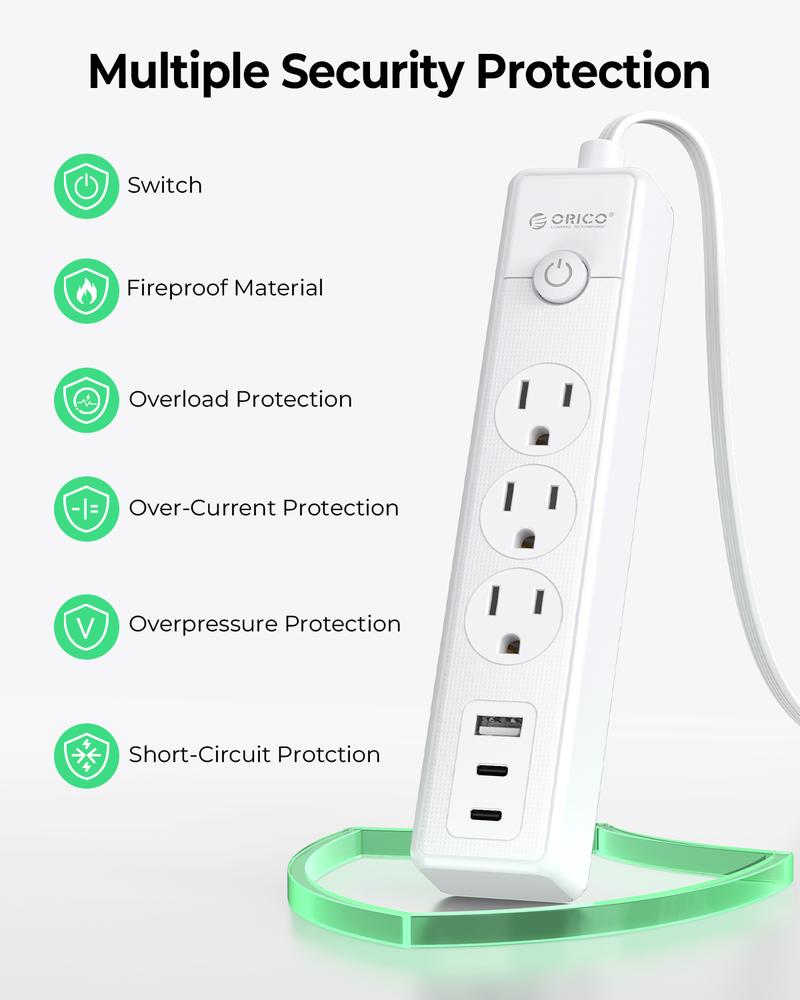 ORICO PW-3A1U2C 25FT Flat Extension Cord, 6-in-1 Power Strip with 3 AC Outlets, 1 USB-A & 2 USB-C Ports, Multiple Protection, Compact for Home & Office-PW
