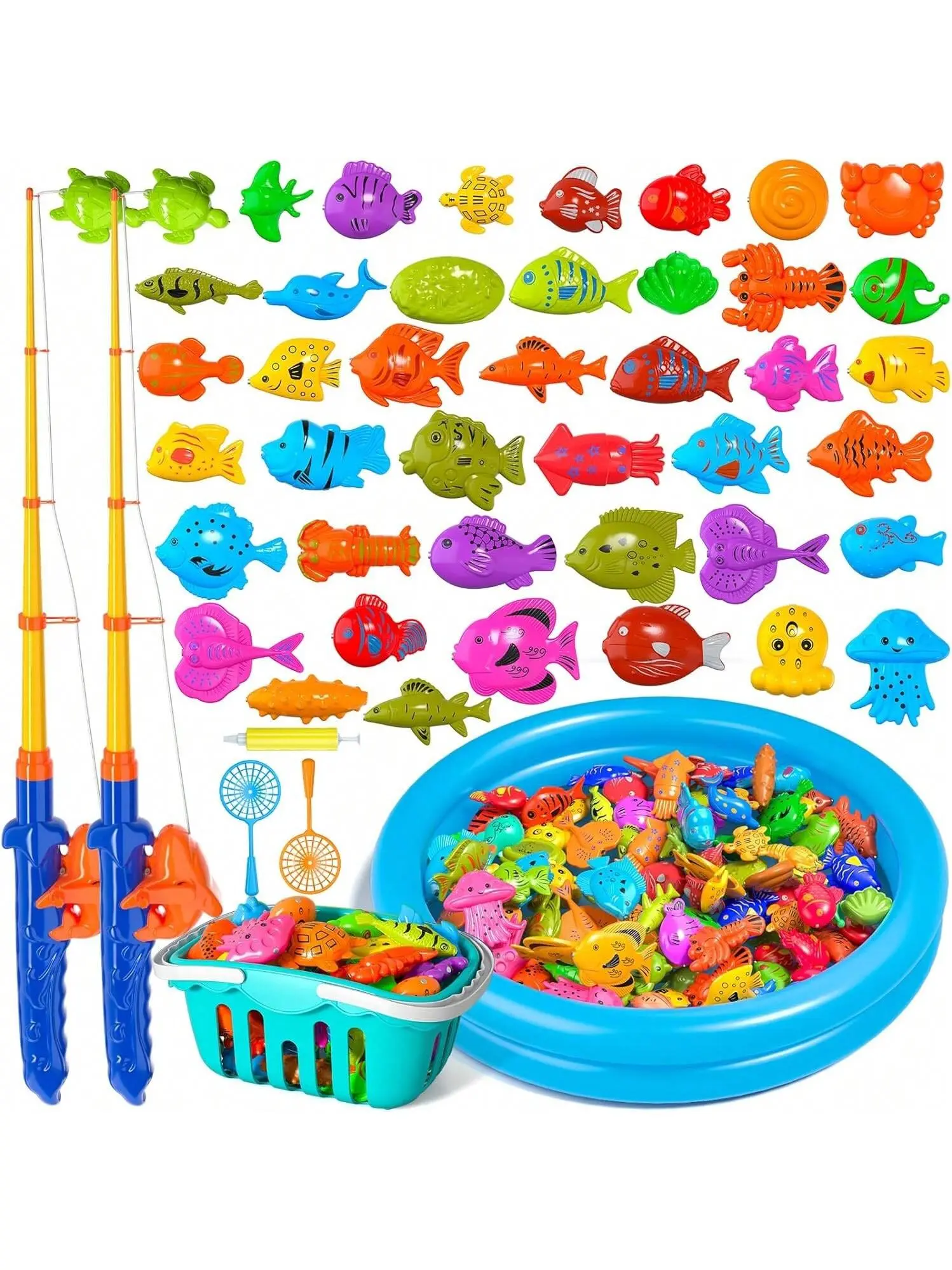 Magnetic Fishing Game Bath Pool Toys ,48pcs Fishing Toys Game Floating Fish Magnet Pole Rod Net Education Teaching and Learning ，Christmas gifts, birthday gifts, premium gifts Inflatable