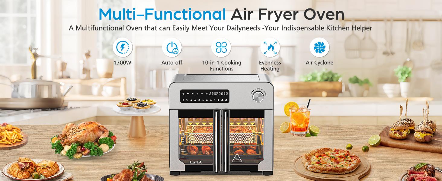 OSTBA French Door Air Fryer Toaster Oven Combo, Airfryer Convection Oven Countertop 10-in-1 Combo, 30% Faster 90% Less Oil, 102 Recipes & 7 Accessories Included 24 QT Stainless Steel OSTBA French Door Air Fryer Toaster Oven Combo, Airfryer Convection Oven Countertop 10-in-1 Combo, 30% Faster 90% Less Oil, 102 Recipes & 7 Accessories Included 24 QT Stainless Steel