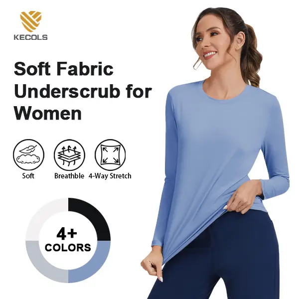 Kecols Women's Crew Neck Long-Sleeve Underscrubs for Nurse Soft Skin-Friendly Fabric High-Elasticity Tee Top Womenswear Tshirt
