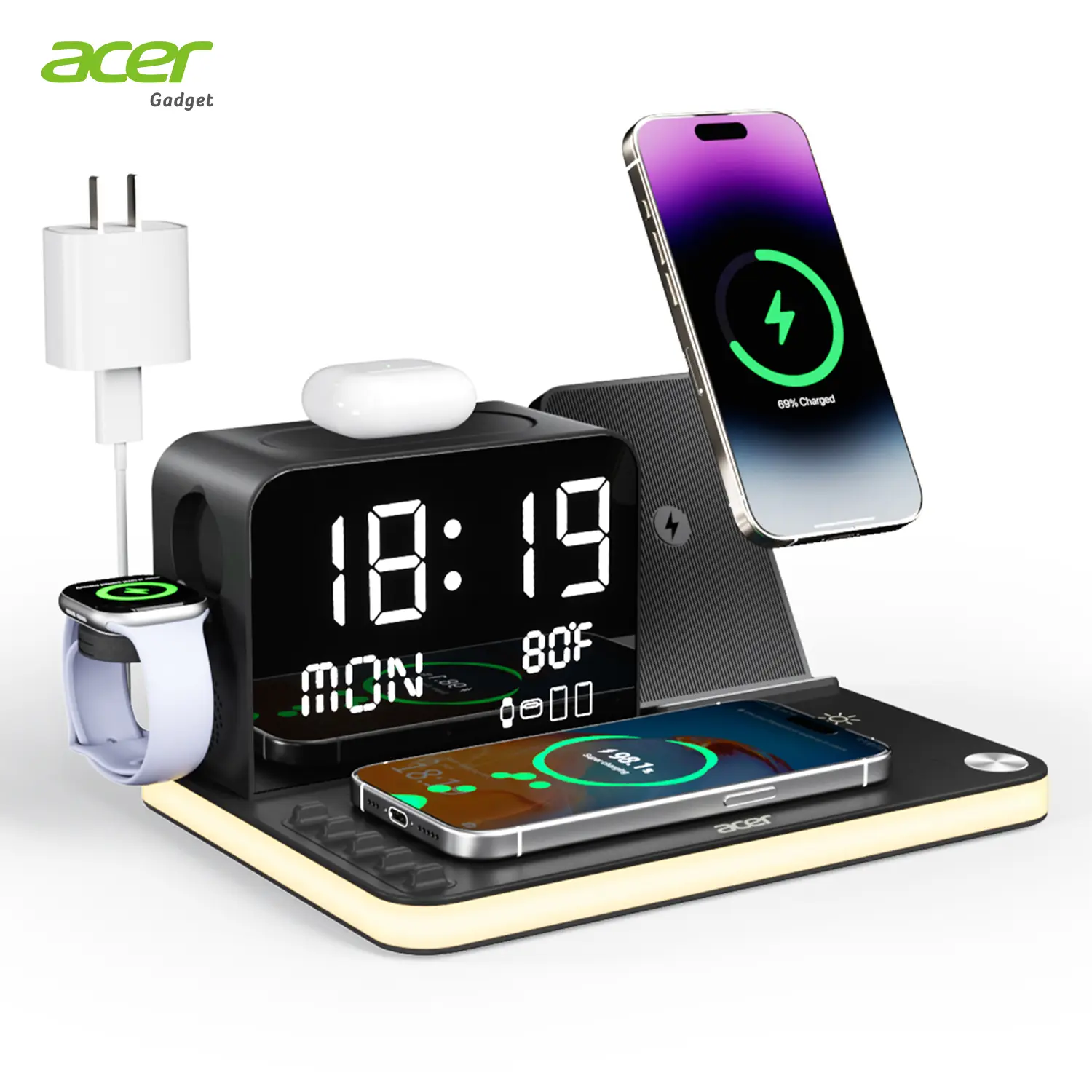 Acer 7 in 1 Wireless Charging Station with Fast Wireless Charger, LED Night Light, Bluetooth Time Sync Clock & Temperature Display, USB-A & USB-C, Magnetic MagSafe – for iPhone, Android Phone, Apple Watch & AirPods, Gift,back to school